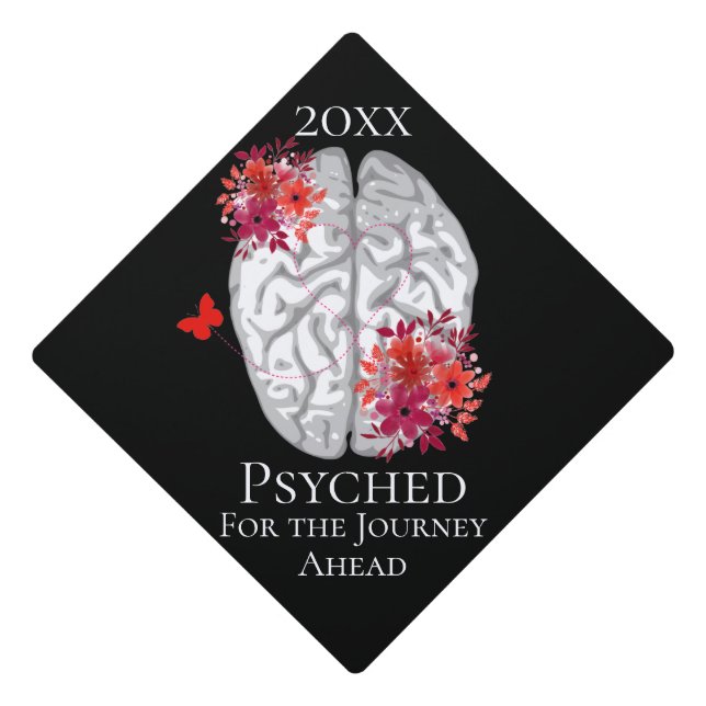 Psychology Brain With Red Flowers Graduation Cap Topper (Front)
