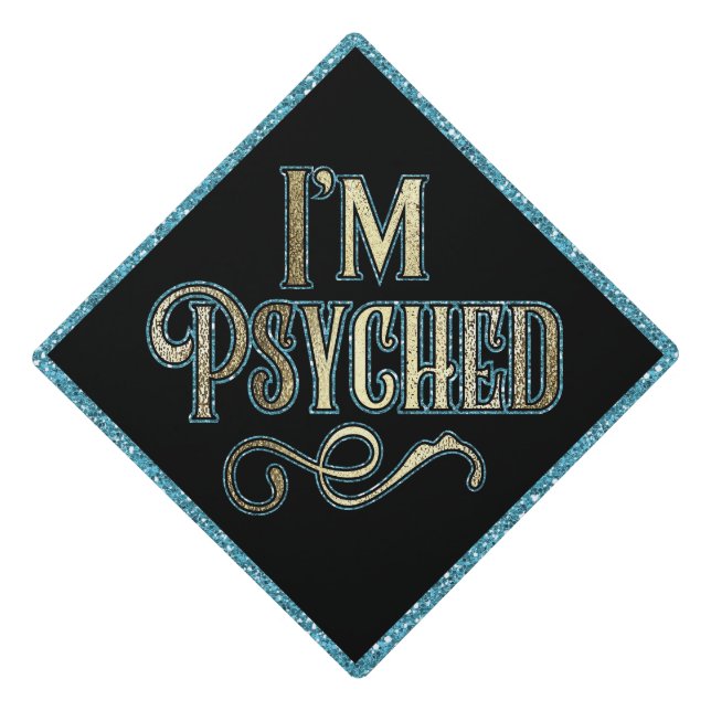 Psychology Graduation Faux Gold Blue Glitter Graduation Cap Topper (Front)