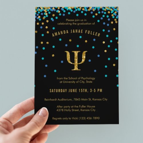 Psychology Graduation Invitation Blue  Gold Psi