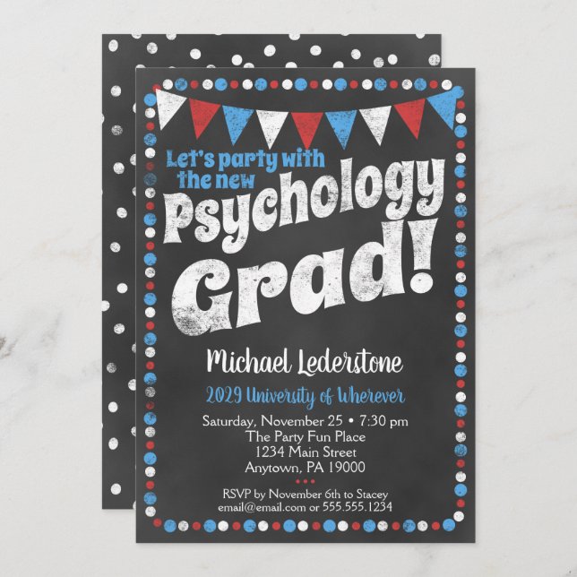 Psychology Graduation Party Invitation Red Blue (Front/Back)