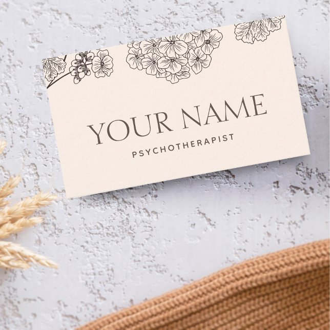 Psychotherapist Family Counselor Drawn Floral Blue Business Card (Creator Uploaded)