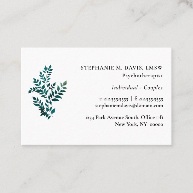Psychotherapist Green Plant Euro Business Card (Front)