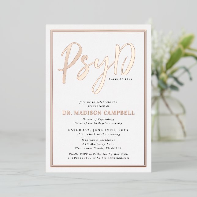PsyD Doctor Of Psychology Graduation Party Foil Invitation (Standing Front)
