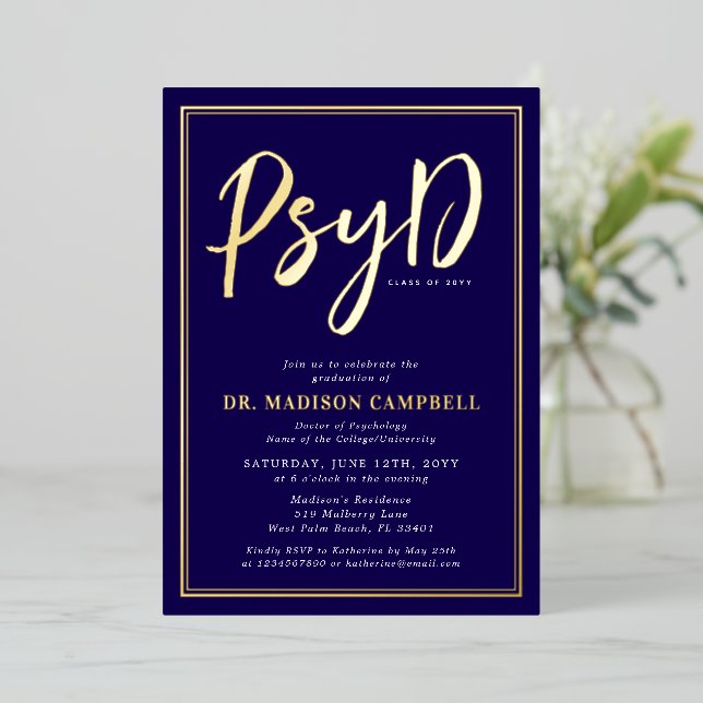 PsyD Doctor Of Psychology Graduation Party Foil Invitation (Standing Front)