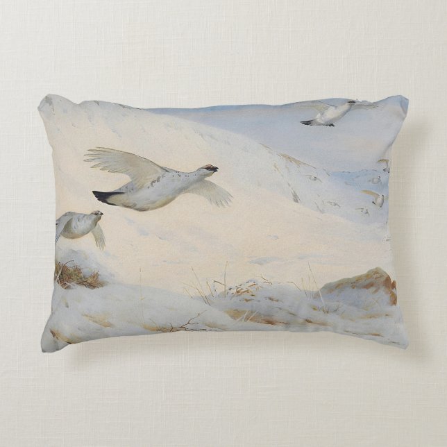 Ptarmigan in winter plumage,flying across the snow accent pillow (Front)