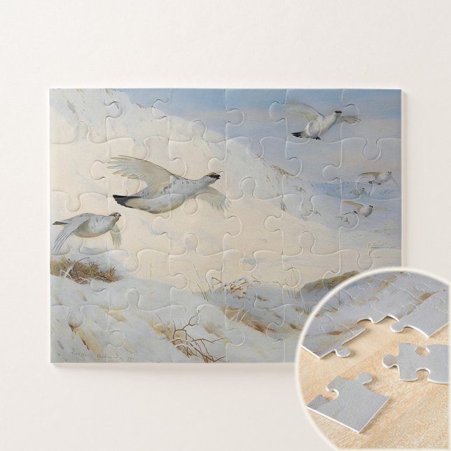 Ptarmigan in winter plumage,flying across the snow jigsaw puzzle (Creator Uploaded)