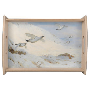 Ptarmigan in winter plumage,flying across the snow serving tray
