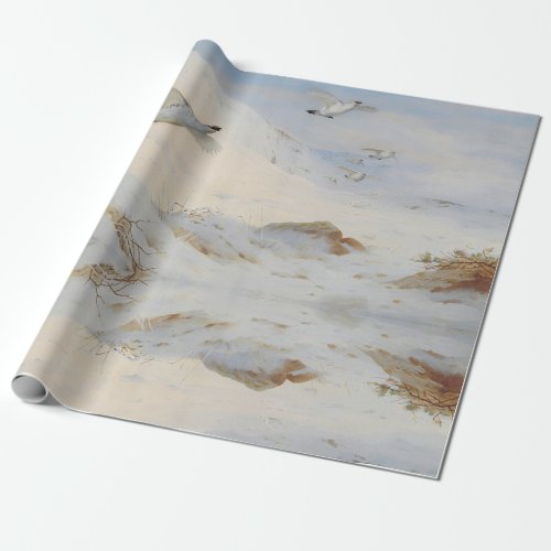 Ptarmigan in winter plumageflying across the snow wrapping paper