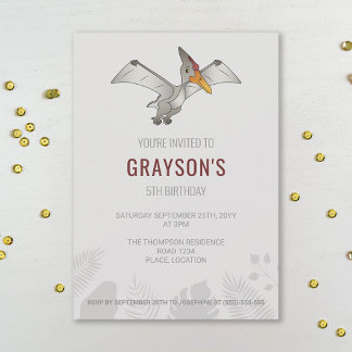 Pteranodon Dinosaur Minimalist Gray Birthday Invitation