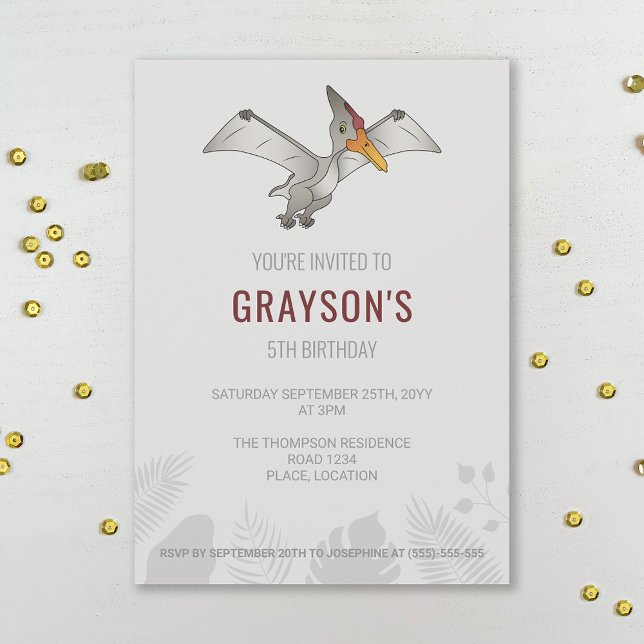 Pteranodon Dinosaur Minimalist Gray Birthday Invitation (Creator Uploaded)