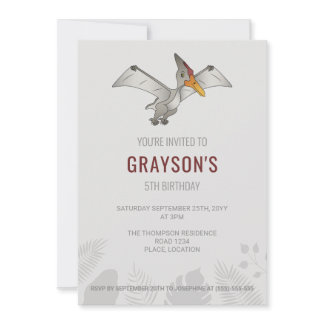 Pteranodon Dinosaur Minimalist Gray Birthday Invitation