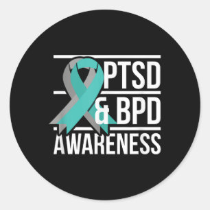 Ptsd & Bpd Awareness, Teal And Grey Ribbon Classic Round Sticker