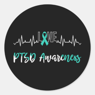 Ptsd Awareness Love Heartbeat Teal Ribbon Classic Round Sticker