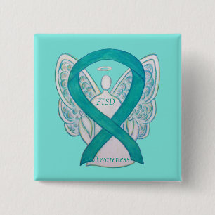PTSD Awareness Ribbon Teal Angel Custom Art Pins