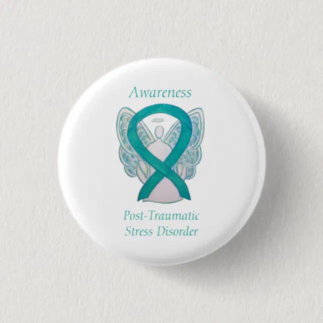 PTSD Awareness Ribbon Teal Angel Custom Art Pins | Zazzle