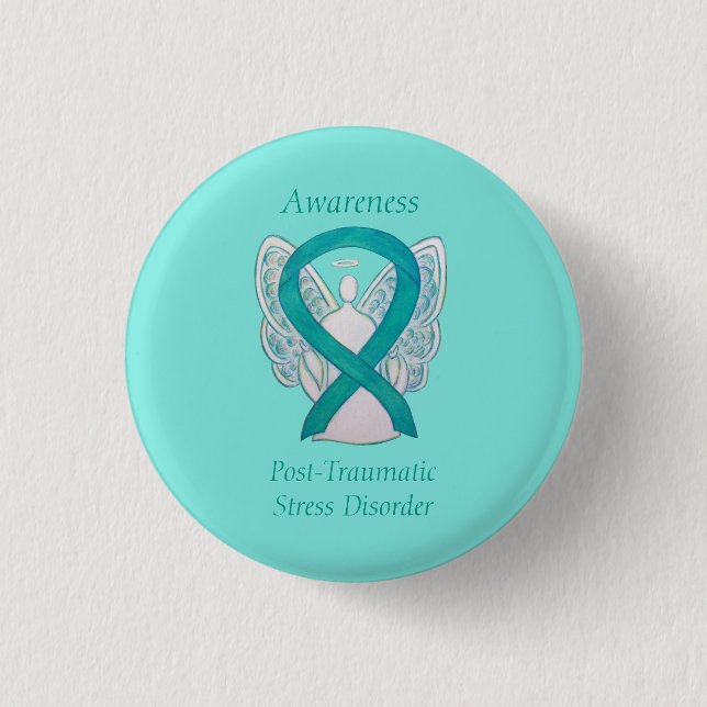 PTSD Awareness Ribbon Teal Angel Custom Art Pins (Front)