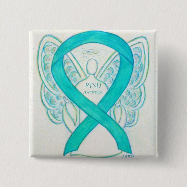 PTSD Awareness Ribbon Teal Angel Custom Art Pins (Front)