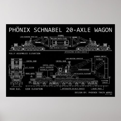 PTW Schnabel Train Wagon Technical "Blueprint" Poster
