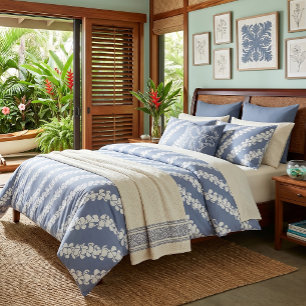 Puakenikeni lei aloha print on periwinkle blue duvet cover