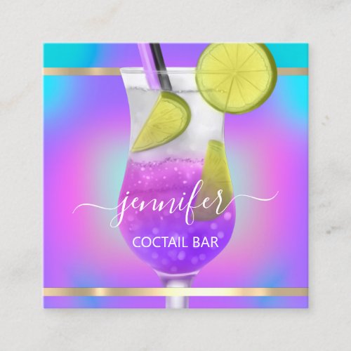 Pub Coctail Wine Bar Drink Pink Aqua Holographic Square Business Card