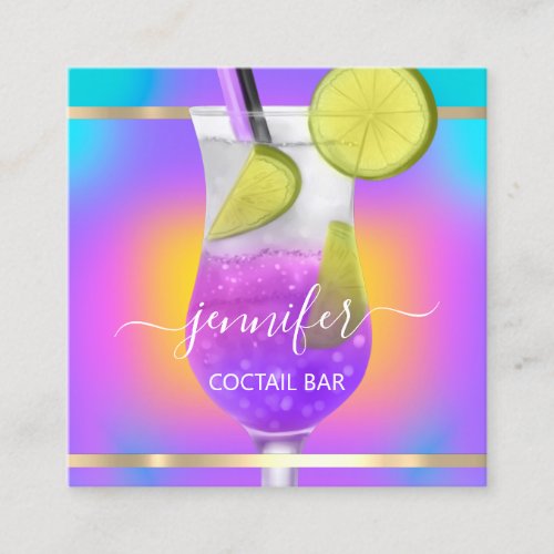 Pub Coctail Wine Bar Drink Pink Purple Holographic Square Business Card