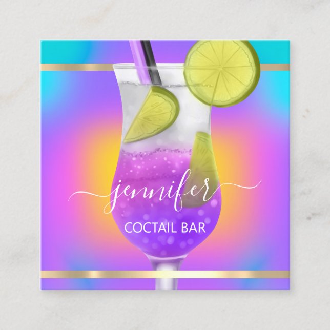 Pub Coctail Wine Bar Drink Pink Purple Holographic Square Business Card (Front)
