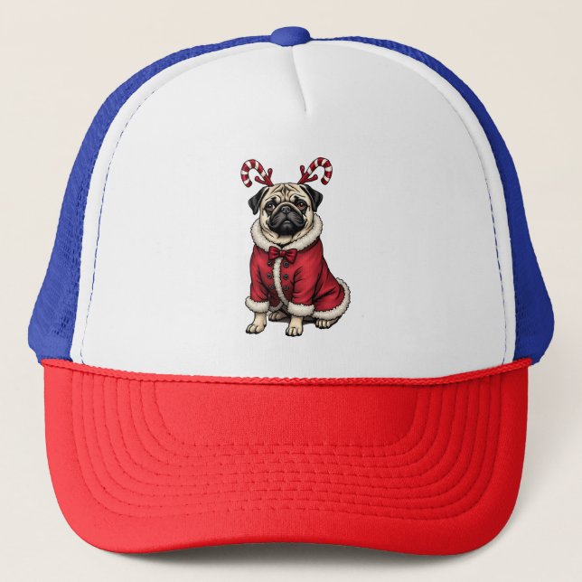 Pub Dog Wearing Santa Suit For Christmas Dog Lover Trucker Hat (Front)