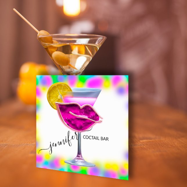 Pub Drinks Bar Restaurant Coctail Logo Pink QRCODE Square Business Card (Pub Drinks Bar Restaurant Coctail Logo Pink QRCODE Square Business Card)