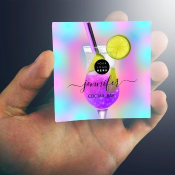 Pub Drinks Bar Restaurant Logo Holograph Pink Glas Square Business Card by luxury_luxury at Zazzle