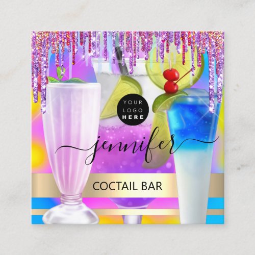 Pub Drinks Bar Restaurant Logo Holographic Glitter Square Business Card