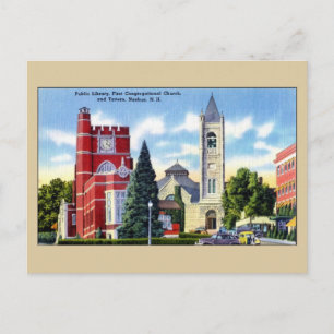 Public Library, Church, Tavern, Nashua NH Postcard