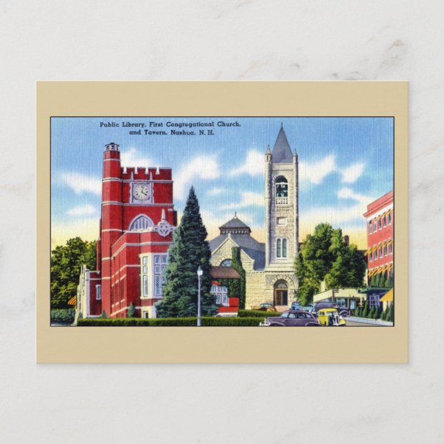 Public Library, Church, Tavern, Nashua NH Postcard (Front)