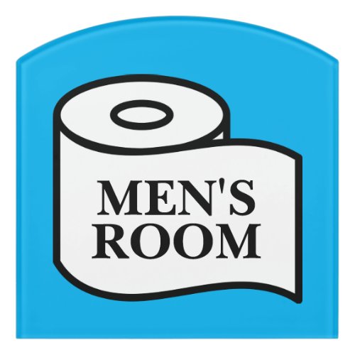 Public mens room blue toilet paper roll symbol door sign