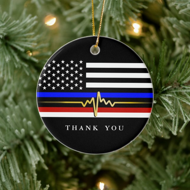 Public Service Trifecta Flag | Patriotic Flag Ceramic Ornament (Tree)