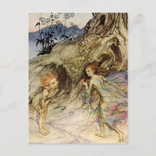 Puck and a Fairy Watercolor by Arthur Rackham Postcard