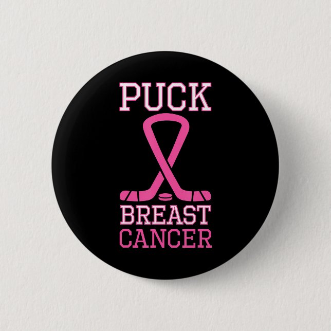Puck Breast Cancer Pink Ribbon Ice Hockey Cancer Button (Front)
