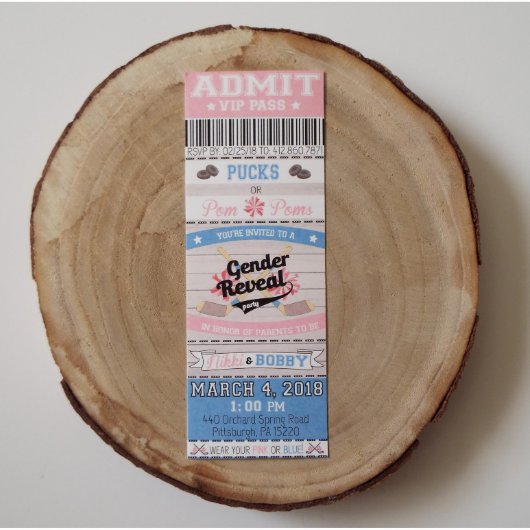Pucks Or Pom-Poms Gender Reveal Ticket Invitation (Top)