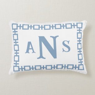 Puddle Blue Square Greek Key Monogram Accent Pillow