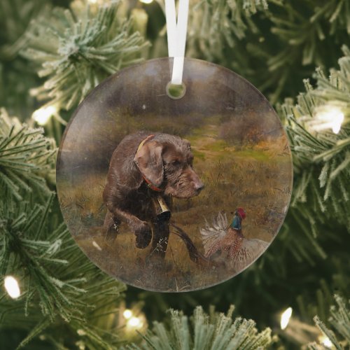 Pudelpointers Hunting pheasant   Glass Ornament