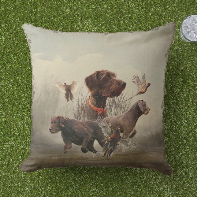 Pudelpointers, Hunting pheasant   Outdoor Pillow (Grass)