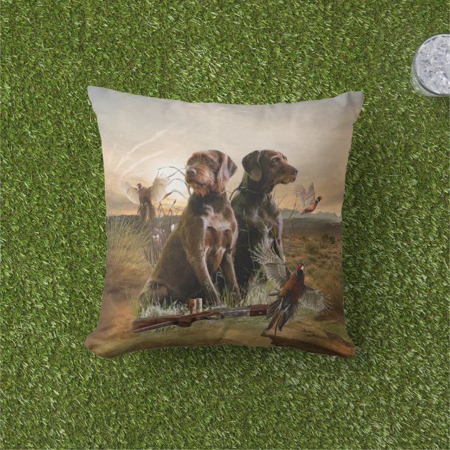Pudelpointers, Hunting pheasant   Outdoor Pillow (Grass)