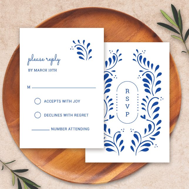 Puebla Style Blue Mexican Wedding RSVP Card (Puebla Style Blue Mexican Wedding RSVP Card by Fiesta Valley Print)
