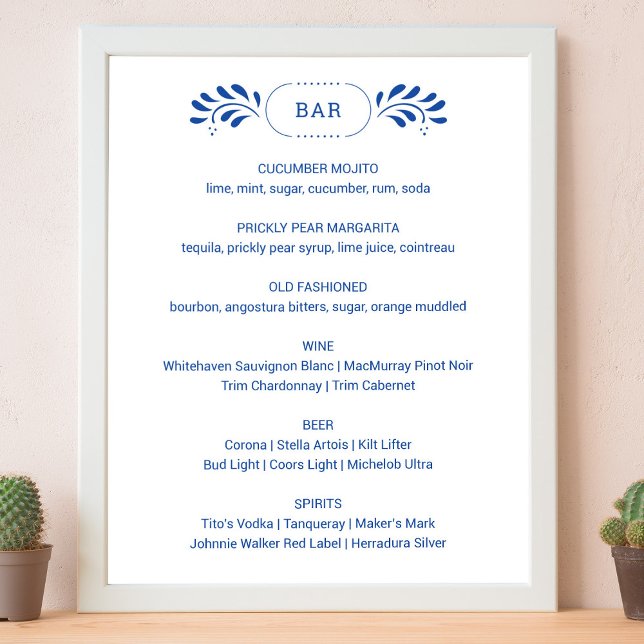 Puebla Style Blue Wedding Bar Menu Sign (Puebla Style Blue Wedding Bar Menu Sign by Fiesta Valley Print)