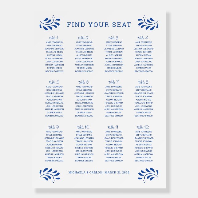 Puebla Style Blue Wedding Seating Chart 2 Foam Board (Front)