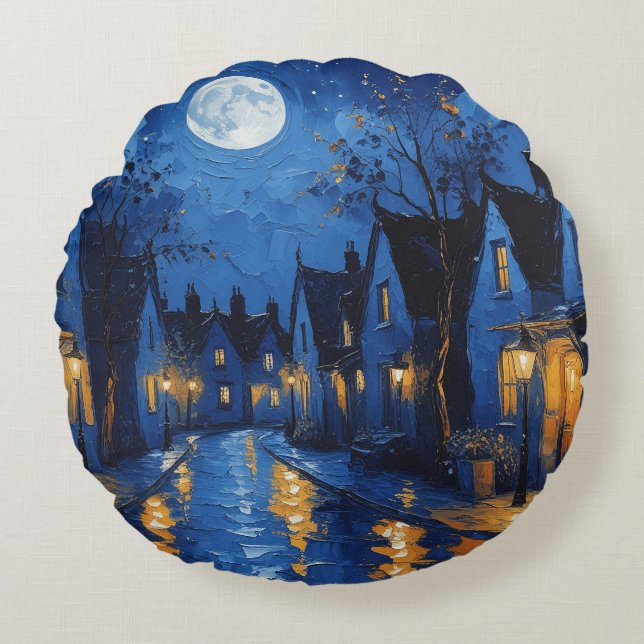 Pueblo de noche con luces y faroles round pillow (Front)