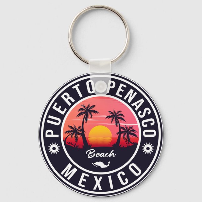 Puerto Peñasco Mexico Beach Navy Retro Sunset Keychain (Front)