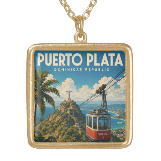 Puerto Plata Dominican Republic Vintage Travel Pos Gold Plated Necklace