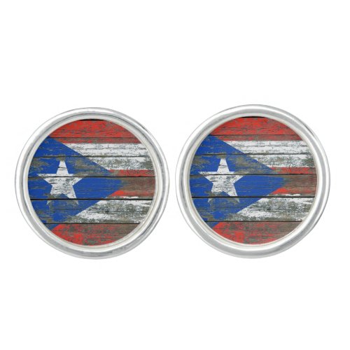 Puerto Rican Flag on Rough Wood Boards Effect Cufflinks