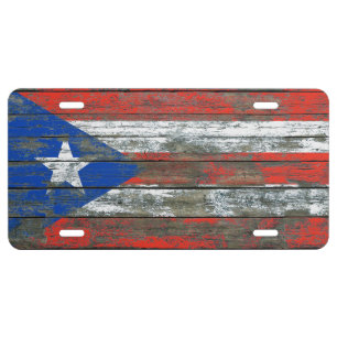 Puerto Rican Flag on Rough Wood Boards Effect License Plate