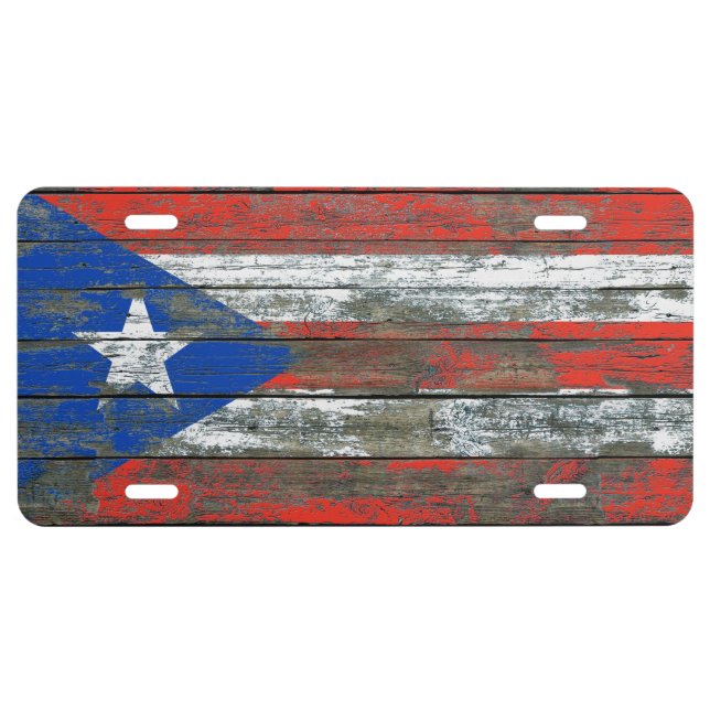Puerto Rican Flag on Rough Wood Boards Effect License Plate (Front)